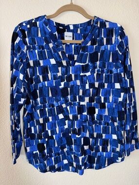 NIC+ZOE Blue & White Abstract Brushstroke V-Neck Knit Long Sleeve Size M